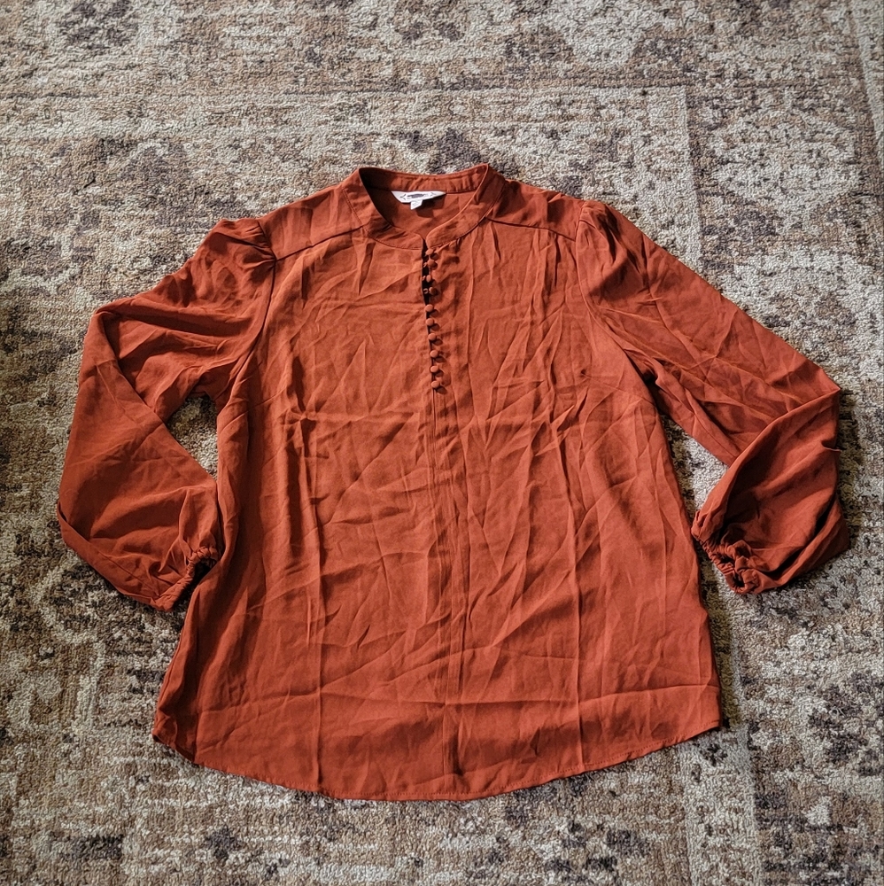 Nanette Lepore M Burnt Orange Rusty Blouse Button Business Dress Top
